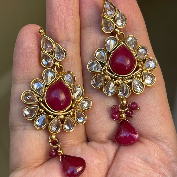 Faux ruby and diamond gold tone drop earrings - Picture 2 of 6